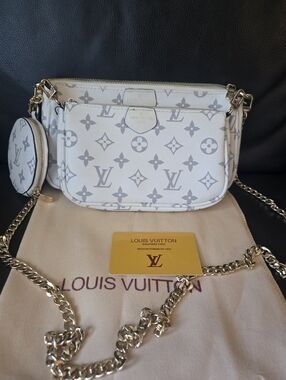 White Monogram Multi Pouch  Crossbody Bag Set (3 Pieces) W/Gold Chain Strap
